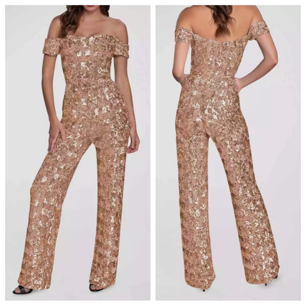 Dress The Population Elon Sequin Off-Shoulder Jumpsuit Champange